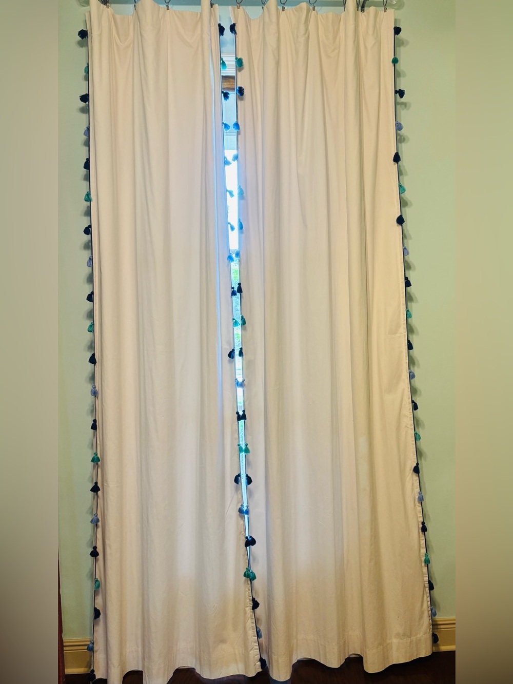 Pottery Barn Teen White Curtain Panels with Teal,Navy, light blue Tassel Trim